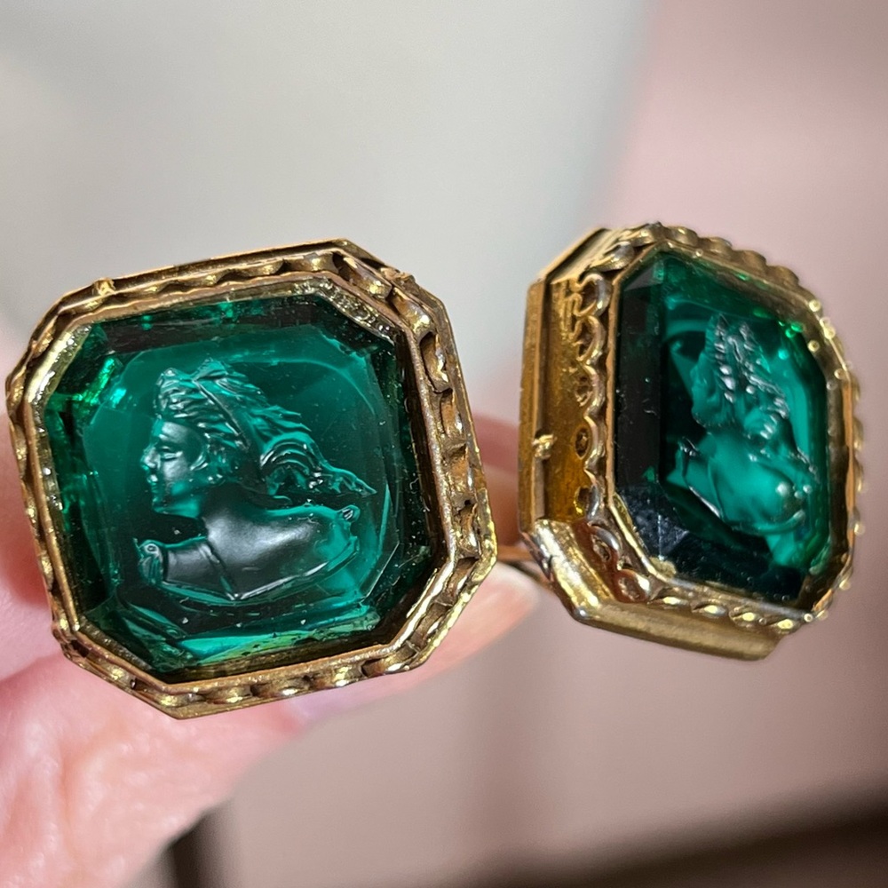 Antique Victorian Gold plated Green Glass Intaglio Cameo Mobwife Clip Earrings